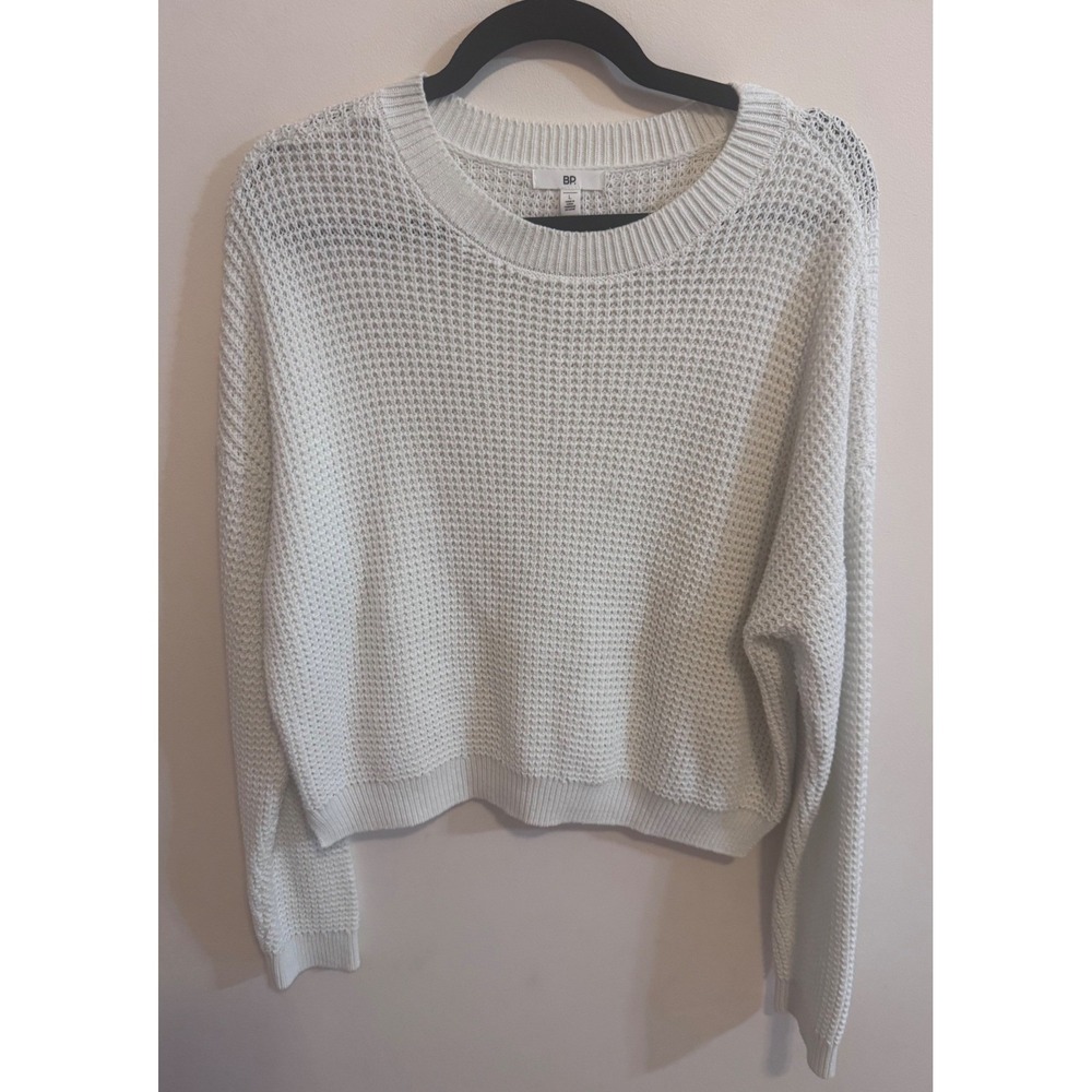 BP Nordstrom Ivory Waffle Knit Sweater L Cozy Fall Minimalist Crewneck